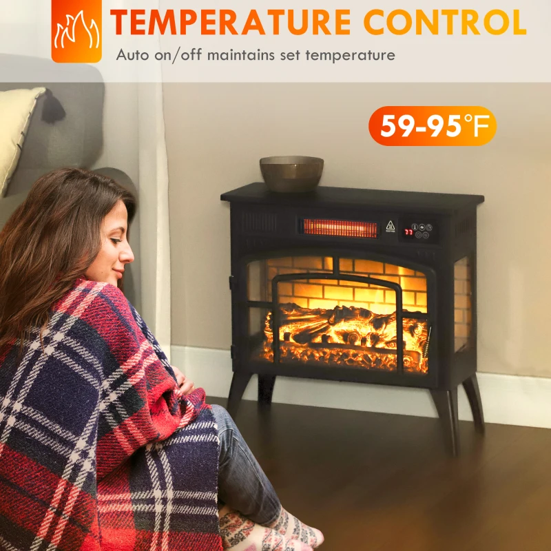 HOMCOM Electric Fireplace Stove, Infrared Fireplace Heater with Realistic Flame & Adjustable Temperature, 1500W, Black