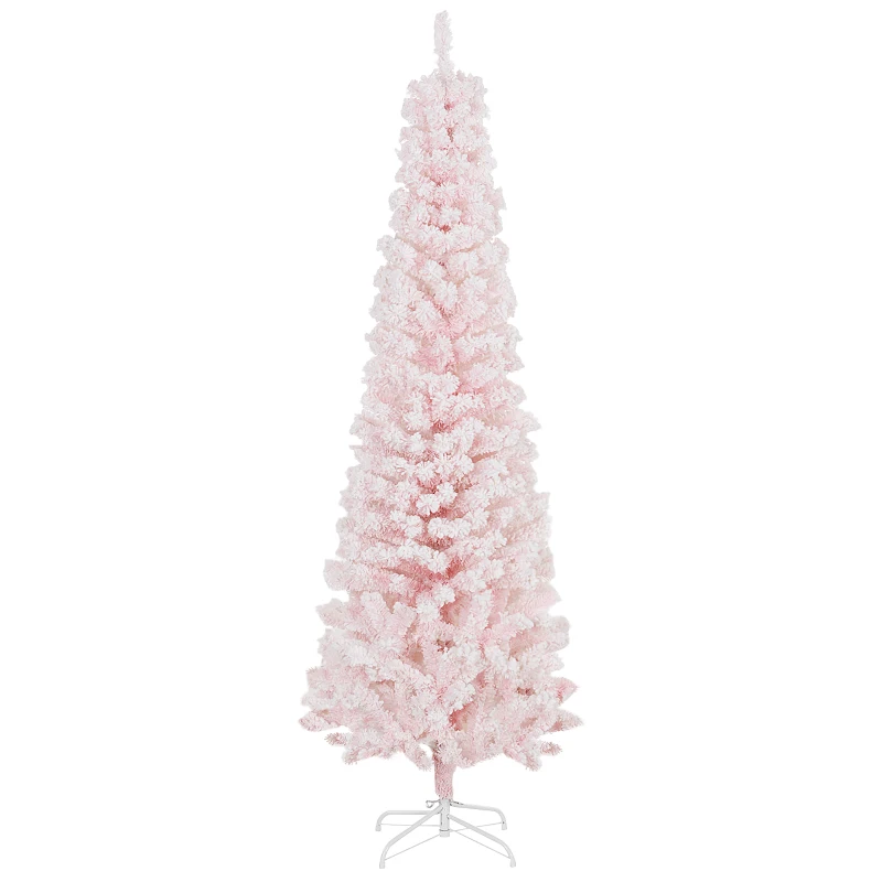 HOMCOM 6ft Flocked Christmas Tree, Pencil Christmas Tree with Realistic Branch Tips, Folding Metal Stand, Pink