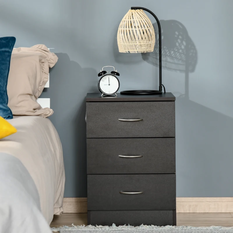 HOMCOM Bedside Table, Modern Night Stand with 3 Drawers and Metal Rail for Bedroom, Dark Brown