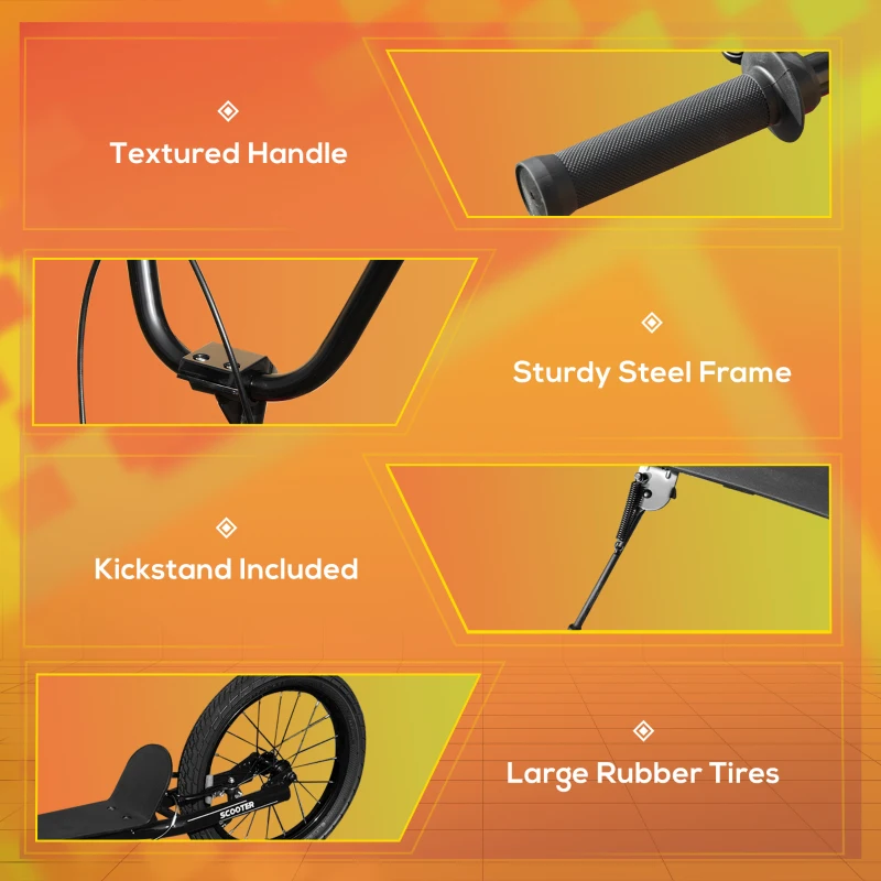 Aosom Youth Scooter with Big Wheels, Rugged Rubber Tires, and Bike Brakes, 2 Wheel Scooter, Slip-Resistant and Safe, Kick Scooter for Kids, Ages 10+, Black