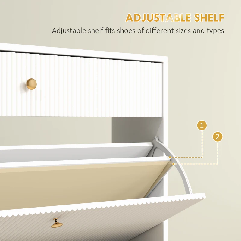 HOMCOM Narrow Shoe Storage Cabinet with Wave-like Panels and Adjustable Shelves for 12 Pairs of Shoes, White