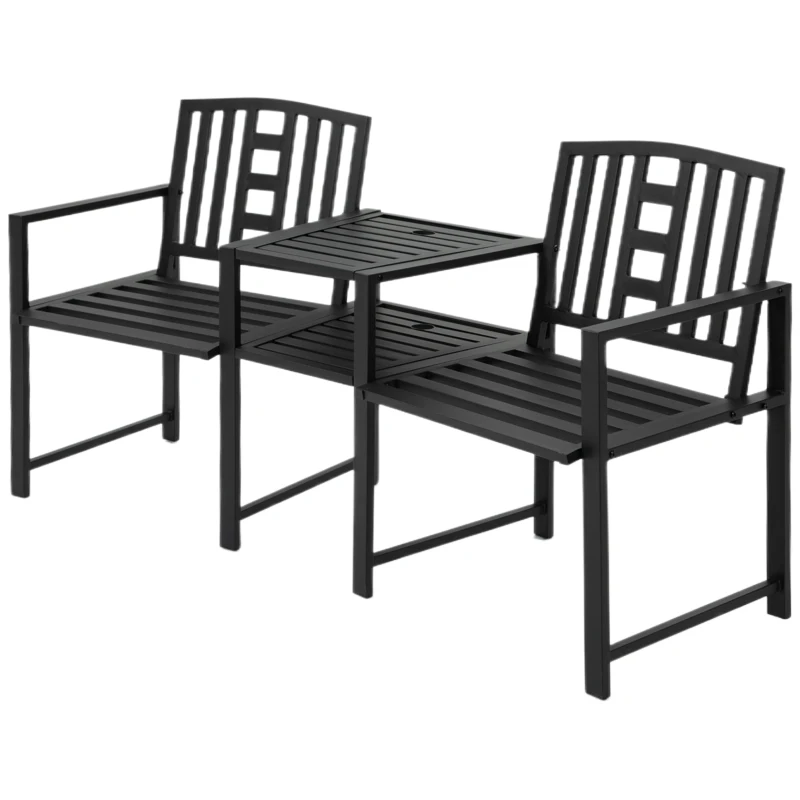 Outsunny Metal Outdoor Bench, 2-Seater Garden Bench with Middle Table, Umbrella Hole, Slatted Seat and Backrest, Black