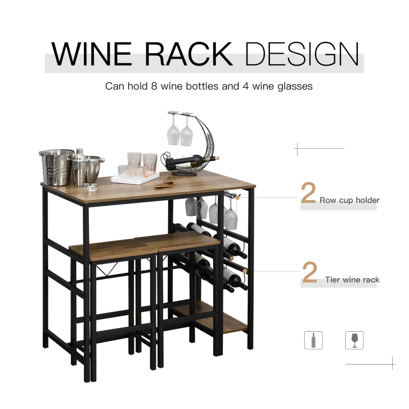 HOMCOM 3 Pieces Bar Table Set, Counter Height Table with 8-bottle Wine Rack and Cup Holder, 2 Stools with Metal Frame for Kitchen, Dining Room, Living Room, Pub
