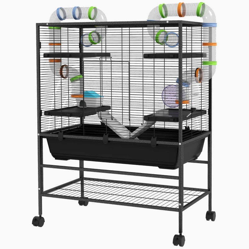 PawHut 43" Rolling Hamster Cage with Tunnel Tube System, Storage Shelf, Exercise Wheel, Food Dish, Water Bottle, Ramp