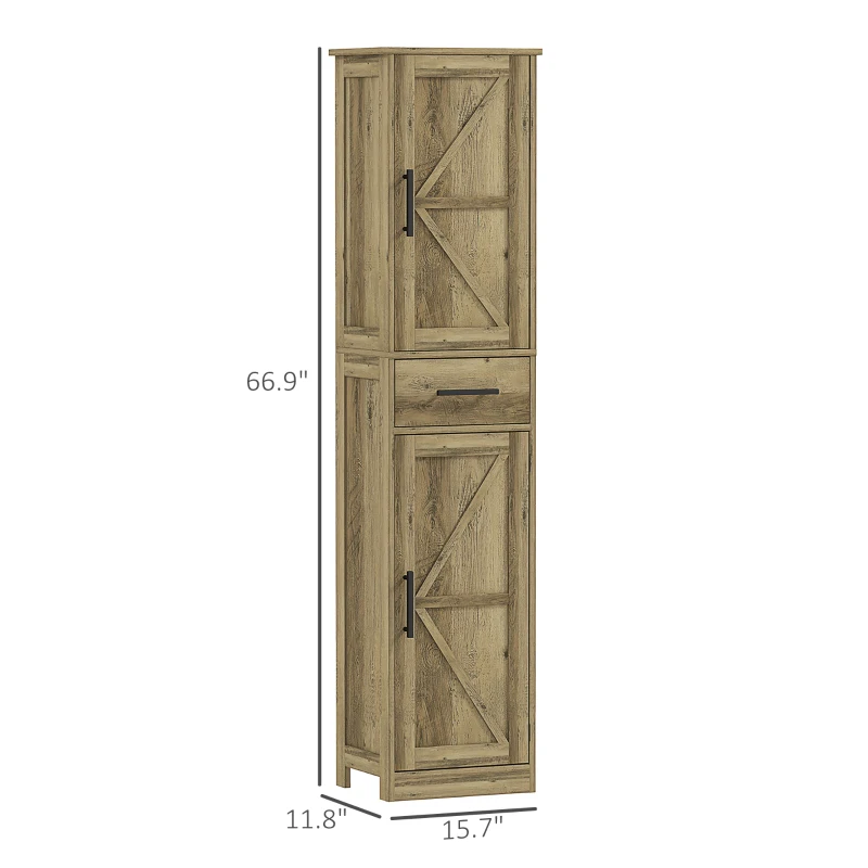 HOMCOM Farmhouse Linen Closet with Drawer, 67" Tall Bathroom Storage Cabinet with Barn Doors and Adjustable Shelves, Gray