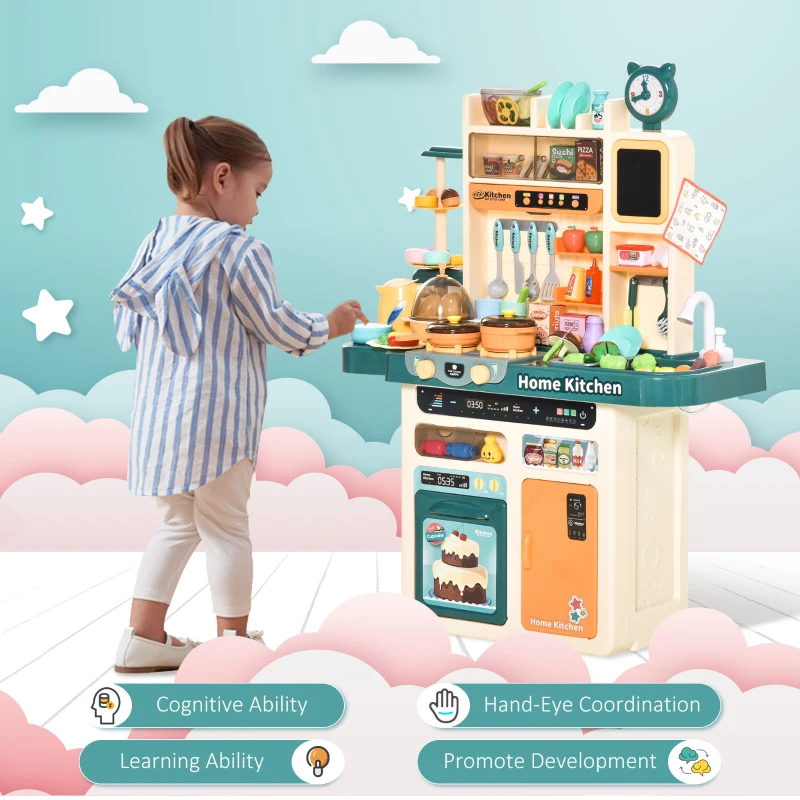 Qaba Play Kitchen for Kids with Sink Water, Music, 113 Toys, Color-Changing Food, Educational Pretend Role Playset Imaginative Toy with Spray Music Light, for 3-6 Years Old