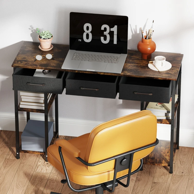 HOMCOM 47" Small Computer Desk, Writing Desk with Fabric Drawers, Home Office Desk with Adjustable Shelves, Rustic Brown