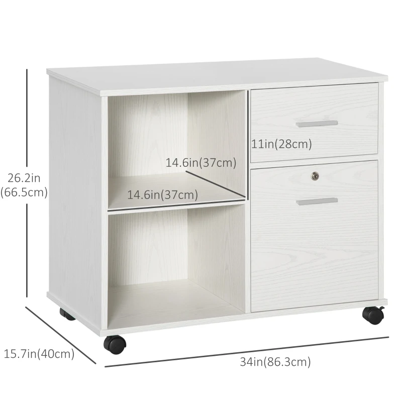 Vinsetto Lateral Filing Cabinet with Wheels, Locking File Cabinet, Mobile Printer Stand with Open Shelves and Drawers for A4 Size Documents, White