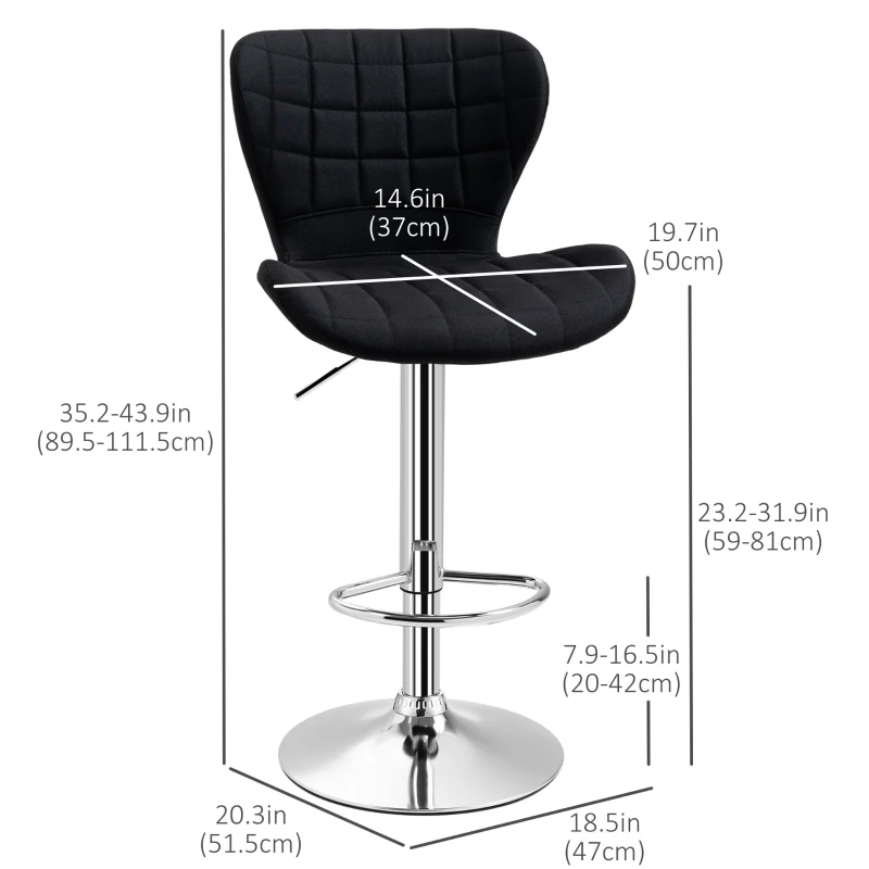 HOMCOM Set of 2 Counter Height Bar Stools Swivel Stool Height Adjustable Bar Chairs with Footrest for Kitchen Dining Home Pub, Black