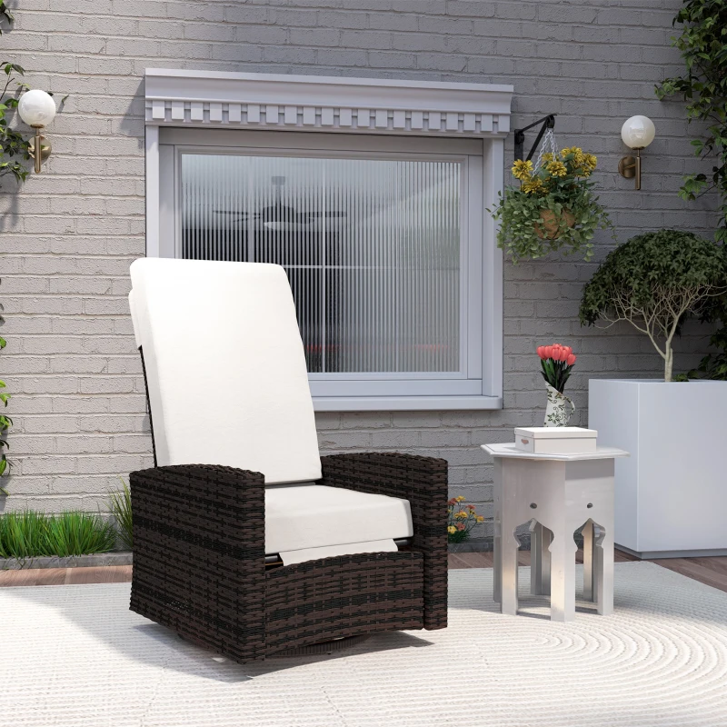 Outsunny Outdoor Wicker Swivel Recliner Chair, Lifting Footrest, 360° Rotating Basic, Water-resistant Cushions, Khaki