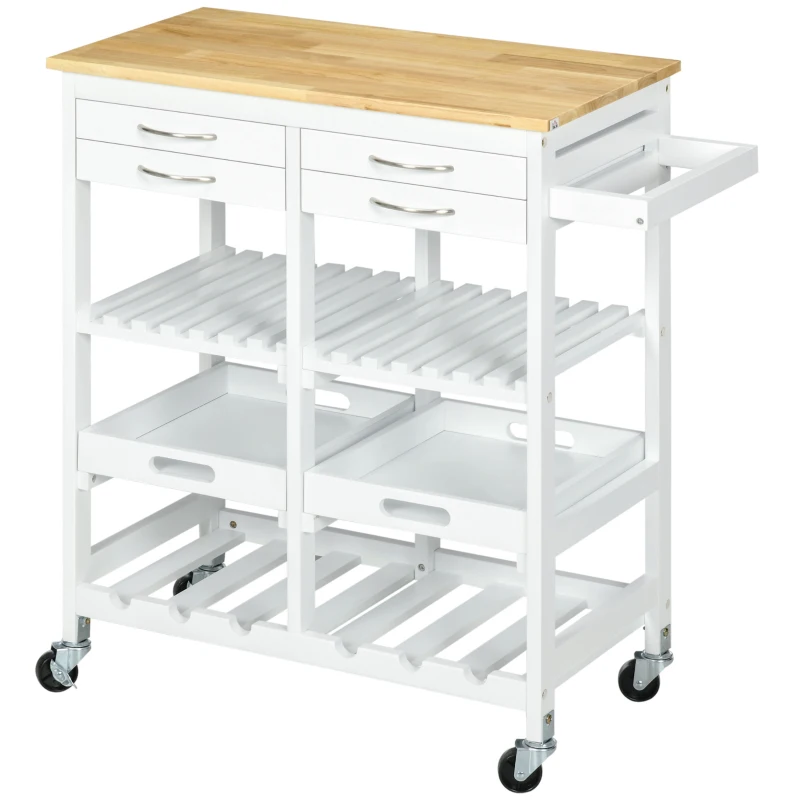 HOMCOM Kitchen Island with Storage, Bar Cart with 6-Bottle Wine Rack, Kitchen Cart with Natural Wood Top, 4 Drawers, 2 Removable Tray for Dining Room, Living Room, White