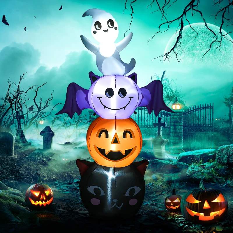 HOMCOM 6FT Halloween Inflatable Ghost Bat Pumpkin Black Cat Pole W/ LED Lights