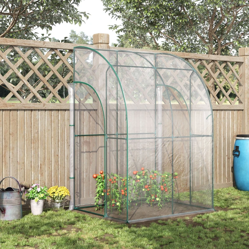 Outsunny 5' x 4' x 7' Lean-to Greenhouse, Walk-in Wall Mounted Hot House & Plant Nursery with 2 Zippered Roll Up Doors, Sloping PVC Cover, Green and Clear