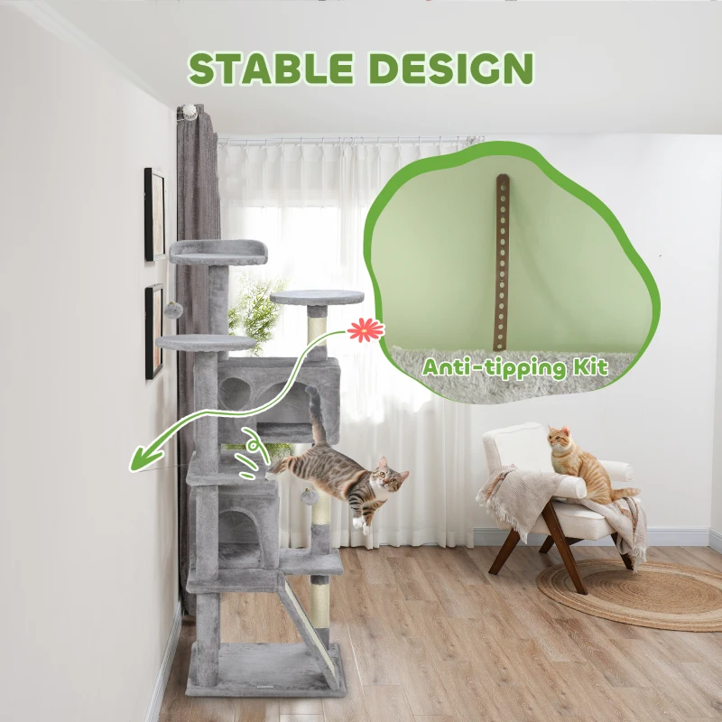 PawHut 54" Cat Tree, Multi-Level Cat Tower with Scratching Posts, Cat Condos, Bed, Platforms, Ramp, Toy Ball, Light Grey