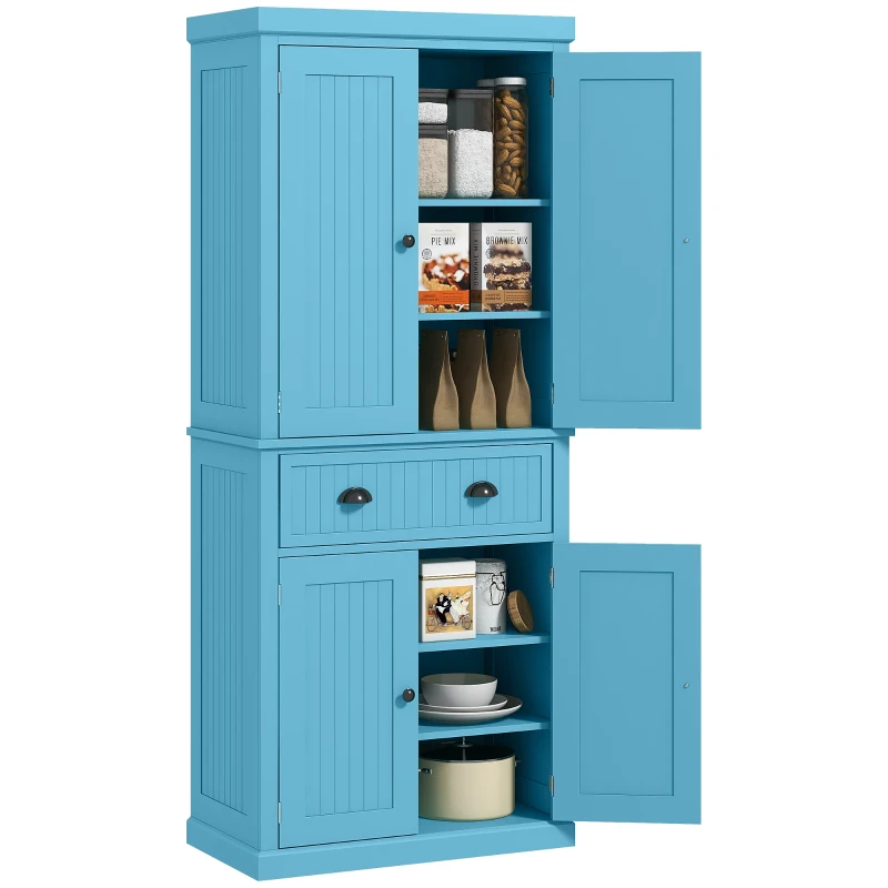 HOMCOM 72" Kitchen Pantry Storage Cabinet, Cupboard w/ 4 Doors and 3 Adjustable Shelves, Large Central Drawer, Dark Blue