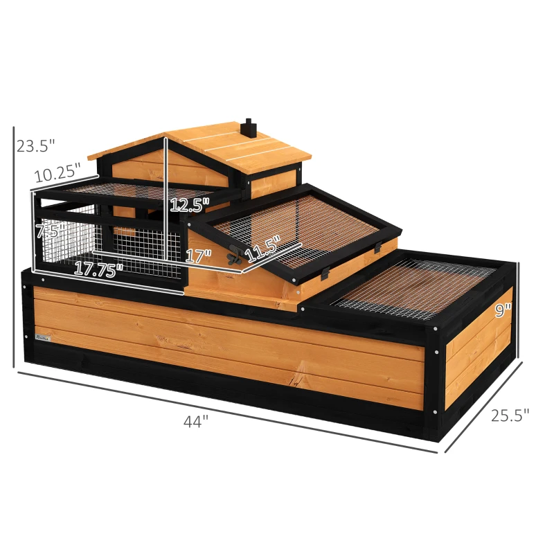 PawHut 3-Room Tortoise House Habitat with Balcony & 2 Stories, Indoor/Outdoor Wooden Tortoise Enclosure with Ladder, Tray, Openable Roof, Large Reptile Cage, 44" x 25.5" x 23", Yellow