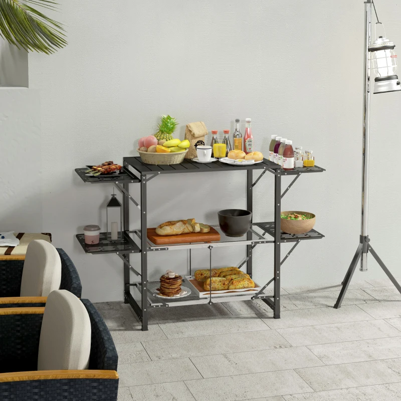 Outsunny Aluminum Camping Kitchen, Folding Cook Station with Carrying Bag, 4 Side Tables, 2 Shelves for BBQ, RV, Picnic, Black