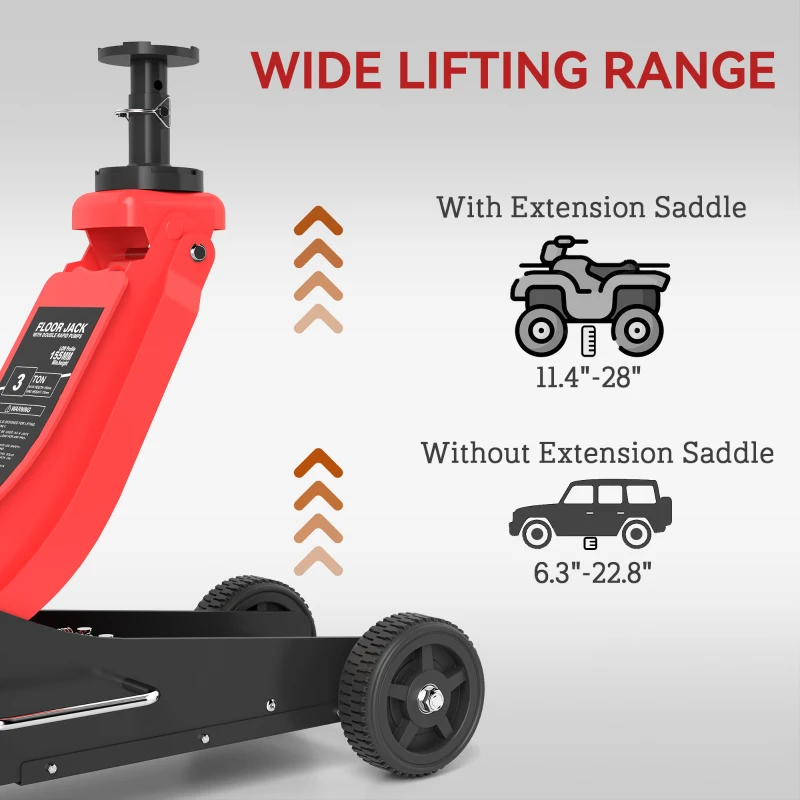HOMCOM 3 Ton Big Wheel Hydraulic Car Jack Heavy Duty Steel Off-Road Jack with Extra Saddle for Trucks, SUVs, ATVs, Red