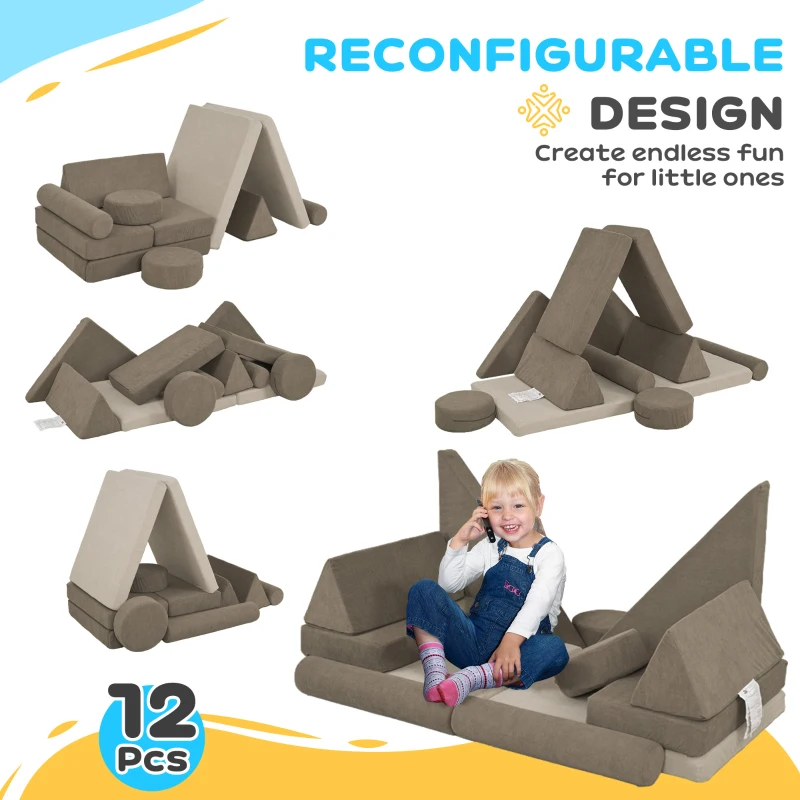 Qaba 12 Pieces Kids Foam Climbing Blocks with Washable Cover for Toddlers, Khaki