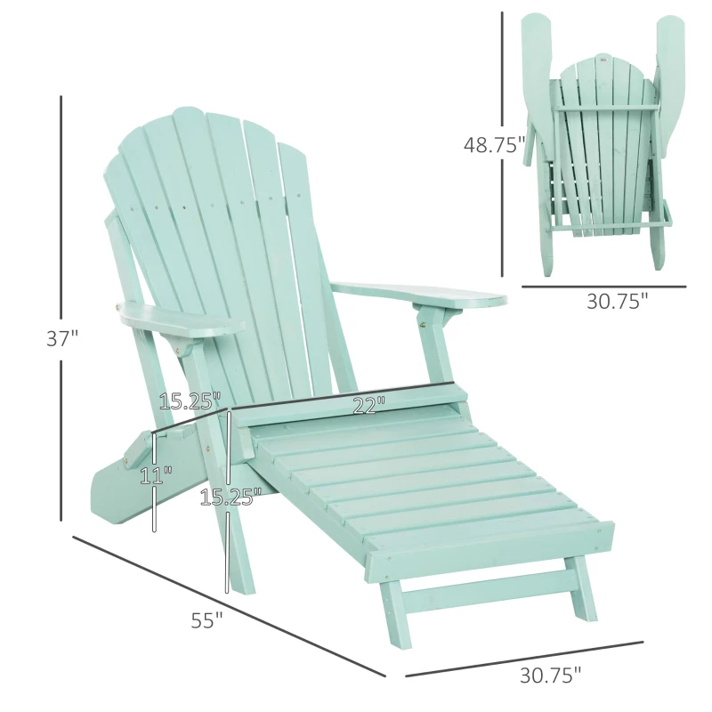 Outsunny Folding Adirondack Chair, Muskoka Chair with Pull-out Footrest, Outdoor Wooden Fire Pit Lounger for Patio, Porch, Poolside, Garden, Green