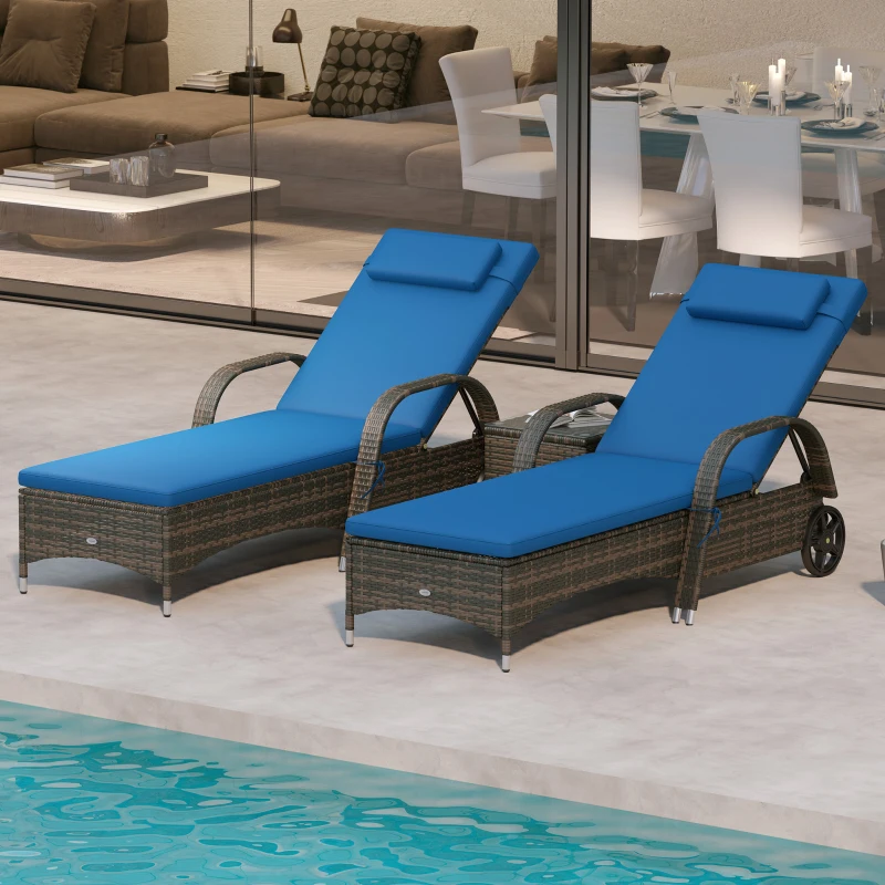 Outsunny Patio Wicker Chaise Lounge Chair Set of 2 with Table, Adjustable Backrest, Wheels, Cushion & Headrest, Blue
