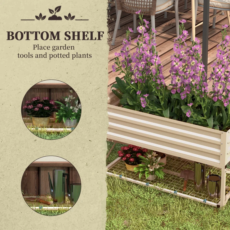 Outsunny Galvanized Raised Garden Bed, Metal Planter Box with Legs, Storage Shelf and Bed Liner, Cream