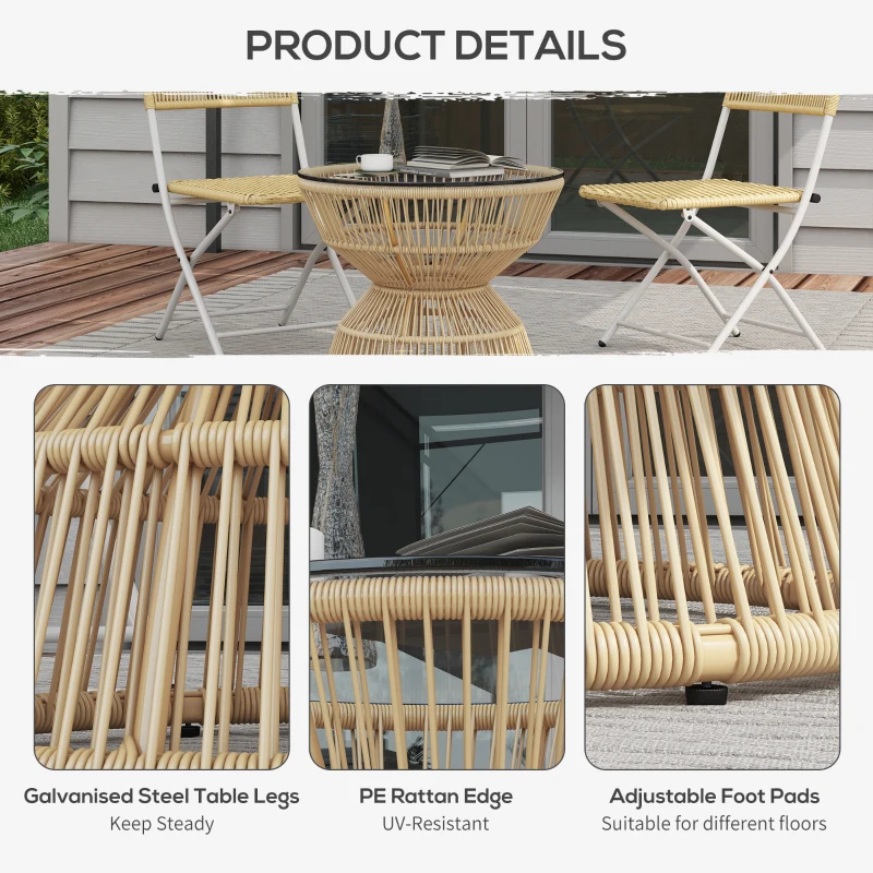 Outsunny Rattan Outdoor Coffee Table, Patio End Table with Tempered Glass Tabletop & Steel Frame, Wicker Furniture, Nature Wood