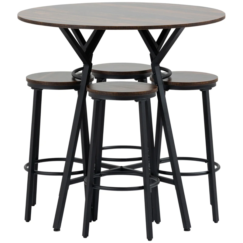 HOMCOM 5-Piece Bar Table and Chairs Set, Space Saving Dining Table with 4 Stools for Pub & Kitchen, Dark Brown