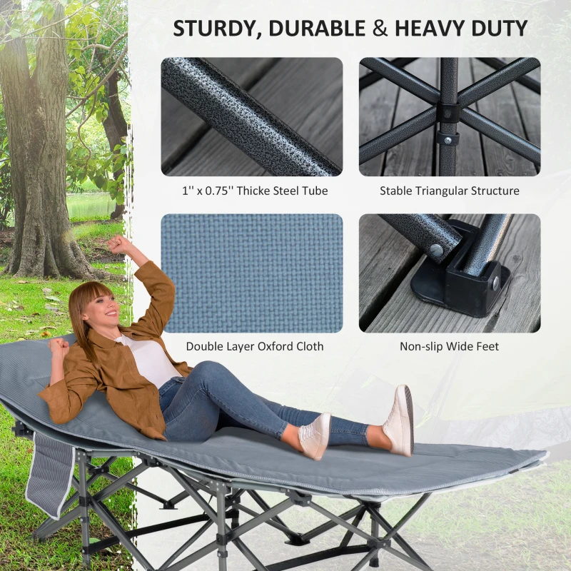 Outsunny Folding Camping Cot, Double Layer Heavy Duty Sleeping Cot with Carry Bag, Headrest, 2-Sided Reversible Mattress, Portable & Lightweight Cot Bed, Gray