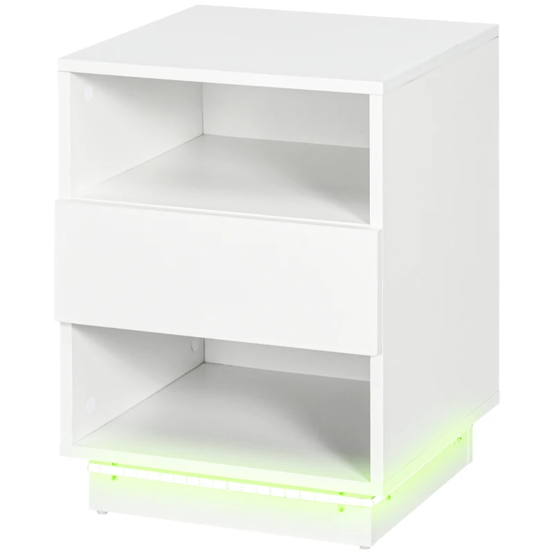 HOMCOM LED Nightstand, Bedside Table with LED Lights, Drawer, 2 Shelves, Remote, Side Table for Living Room, Bedroom