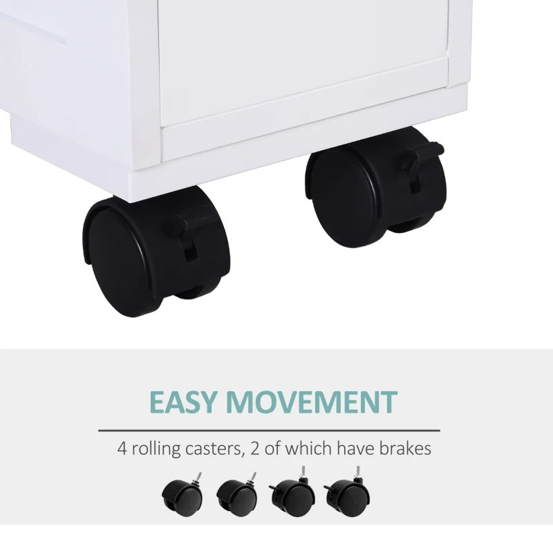 HOMCOM 6.25" x 20.5" x 28.25" Wood Rolling Narrow Bathroom Side Storage Cabinet - White