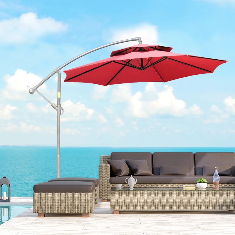 Outsunny 9' 2-Tier Cantilever Umbrella with Crank Handle, Cross Base and 8 Ribs, Garden Patio Offset Umbrella for Backyard, Poolside, and Lawn, Red