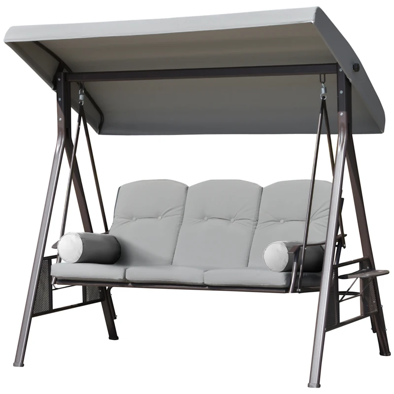 Outsunny Outdoor Patio 3-Person Steel Canopy Cushioned Seat Bench Swing with Included Side Trays & Padded Comfort, Light Grey