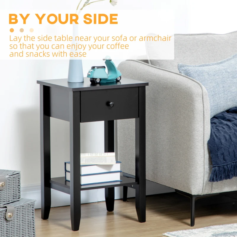 HOMCOM Side Table Set of 2, End Tables with Drawer and Bottom Shelf, 2-tier Nightstand for Bedroom, Living Room, Black