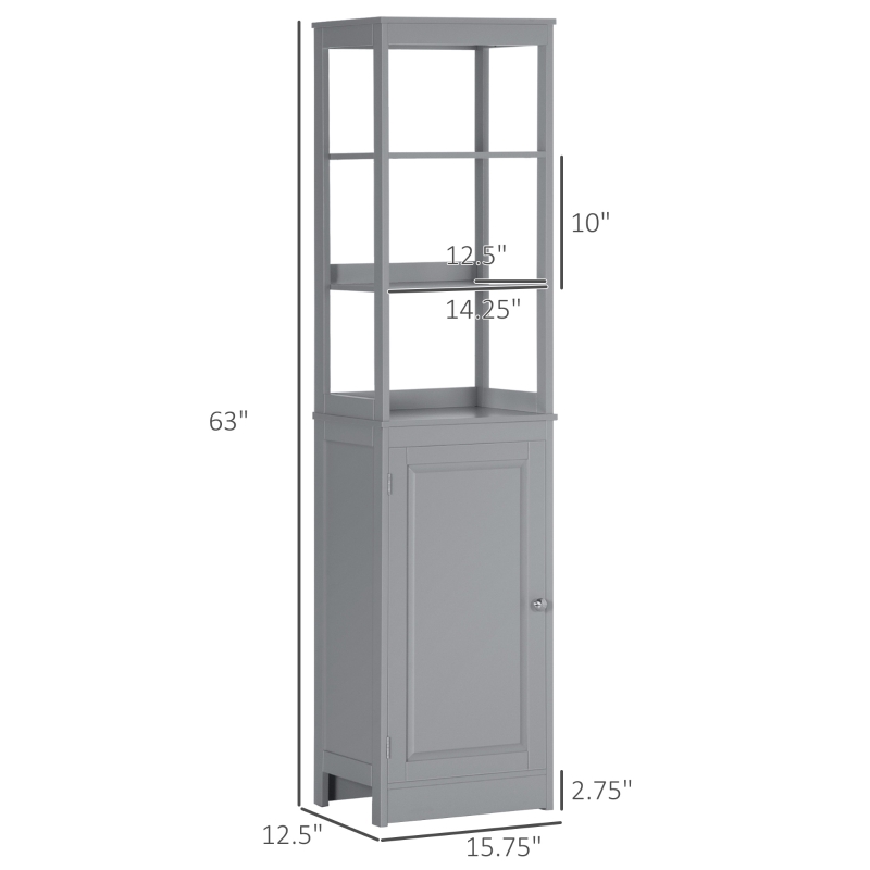 kleankin Tall Bathroom Storage Cabinet, Freestanding Linen Tower with 3-Tier Open Shelf and Door, Slim Floor Organizer, Grey
