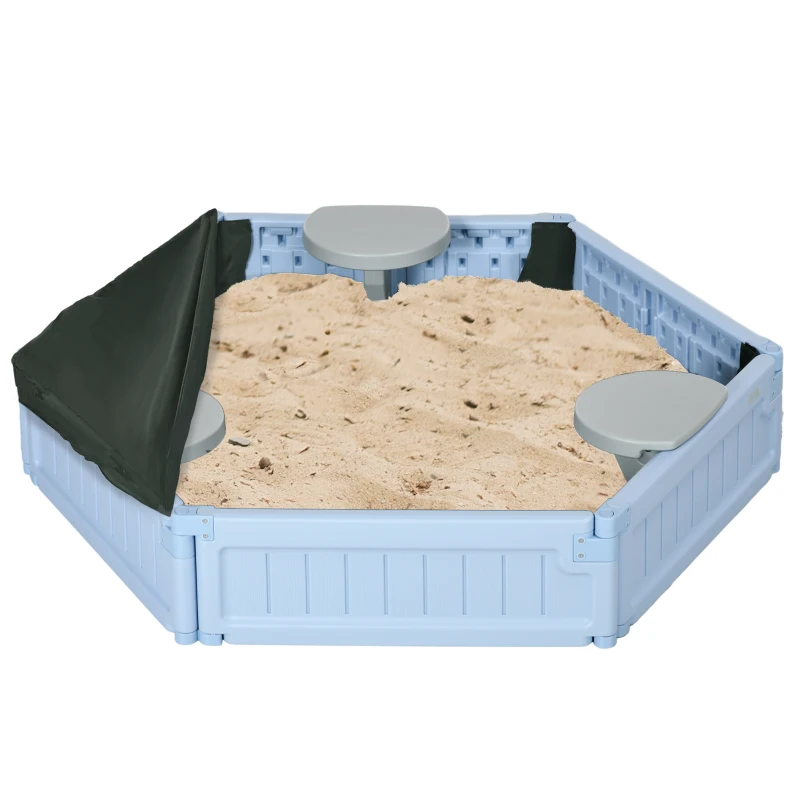 Outsunny Kids Sandbox with Cover, 3 Seats, Bottom Liner, for 3-12 Years Old, Light Blue