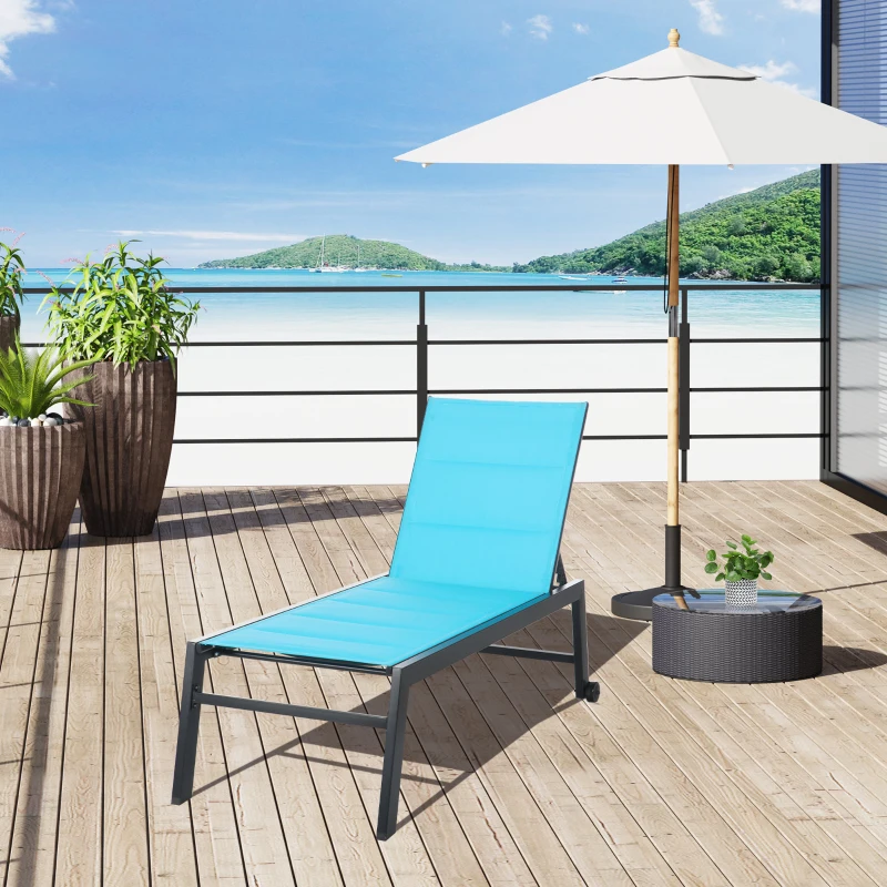 Outsunny Outdoor Chaise Lounge with Wheels, Five Position Recliner for Sunbathing, Suntanning, Steel Frame, Breathable Fabric for Beach, Yard, Patio, Blue