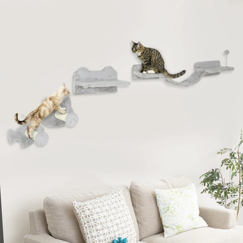 PawHut 4PCs Cat Wall Shelves with Steps, Scratching Posts, Ladder, Platforms, Toy Balls