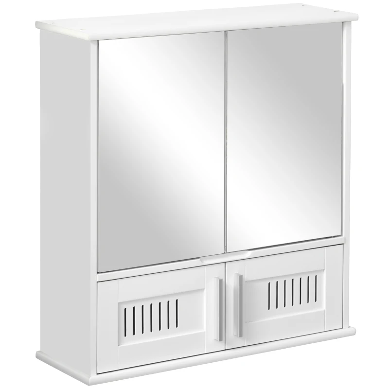 kleankin Medicine Cabinet with Mirror, Bathroom Wall Cabinet with 2 Mirrored Doors, 2 Slat Doors and Adjustable Shelf, White