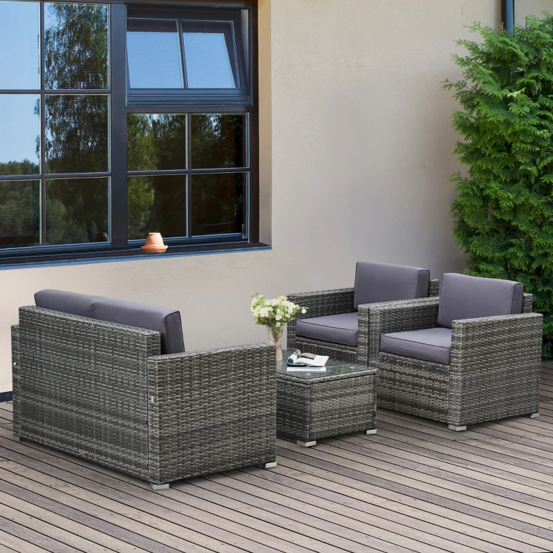 Outsunny 4 Piece Wicker Patio Furniture Set with Cushions, Outdoor Sectional Furniture with 2 Sofa, Loveseat, and Glass Top Coffee Table, Conversation Sofa Sets for Garden, Gray