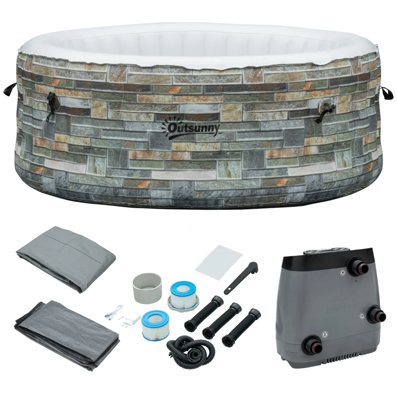 Outsunny 2-3 Person Inflatable Hot Tub, Outdoor Round Portable Spa with 108 Heated Air Jets, Cover, Pump, 2 Filter Cartridges, Mixed Grey