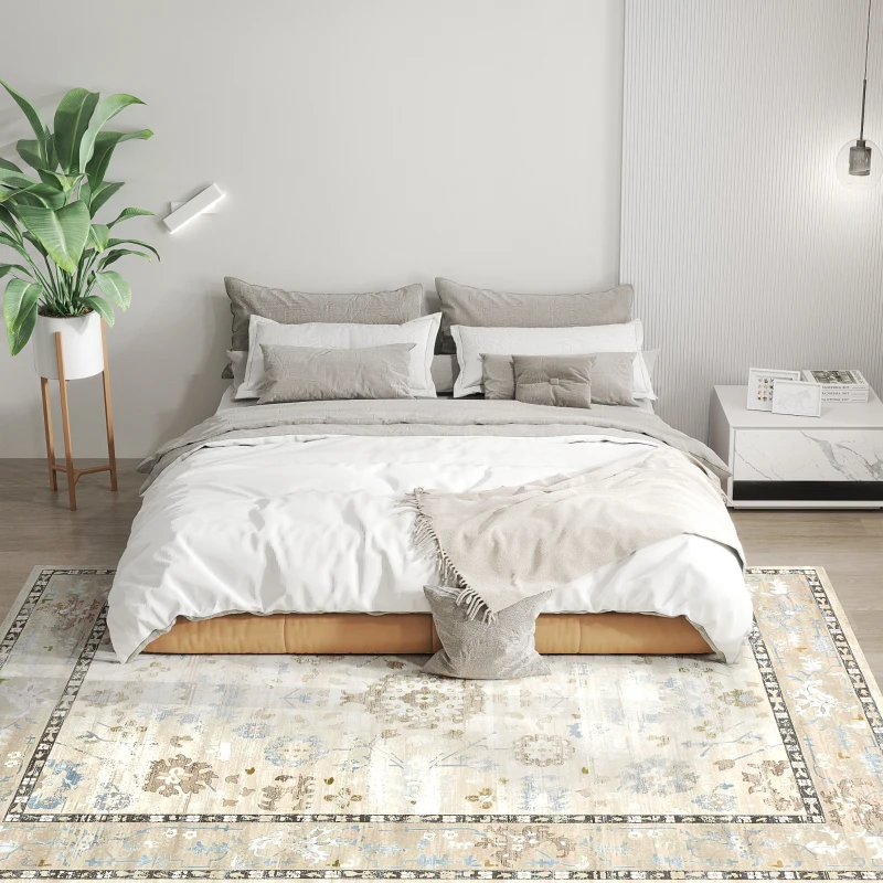 HOMCOM 5x7 Area Rug, Indoor Boho Machine Washable Carpet for Living Room, Bedroom, Dining Room, Kitchen, Blue