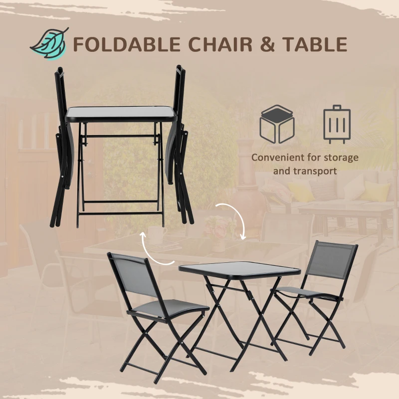Outsunny 3-Piece Outdoor Patio Dining Set, Folding Garden Bistro Set with Glass Table Top, 2 Folding Chairs, Steel Frame, and Mesh Fabric, Gray