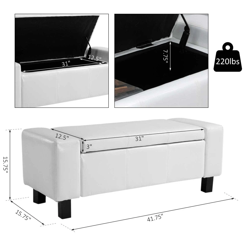 HOMCOM Large 42" Storage Ottoman, Tufted Faux Leather Storage Bench for Living Room, Entryway, or Bedroom, Cream White