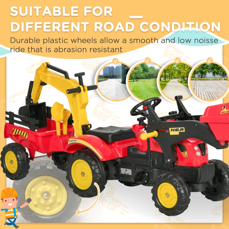 Aosom 3 in1 Kids Ride On Excavator/Bulldozer, Pedal Car Digger Toy Move Forward/Back with 6 Wheels and Detachable Cargo Trailer