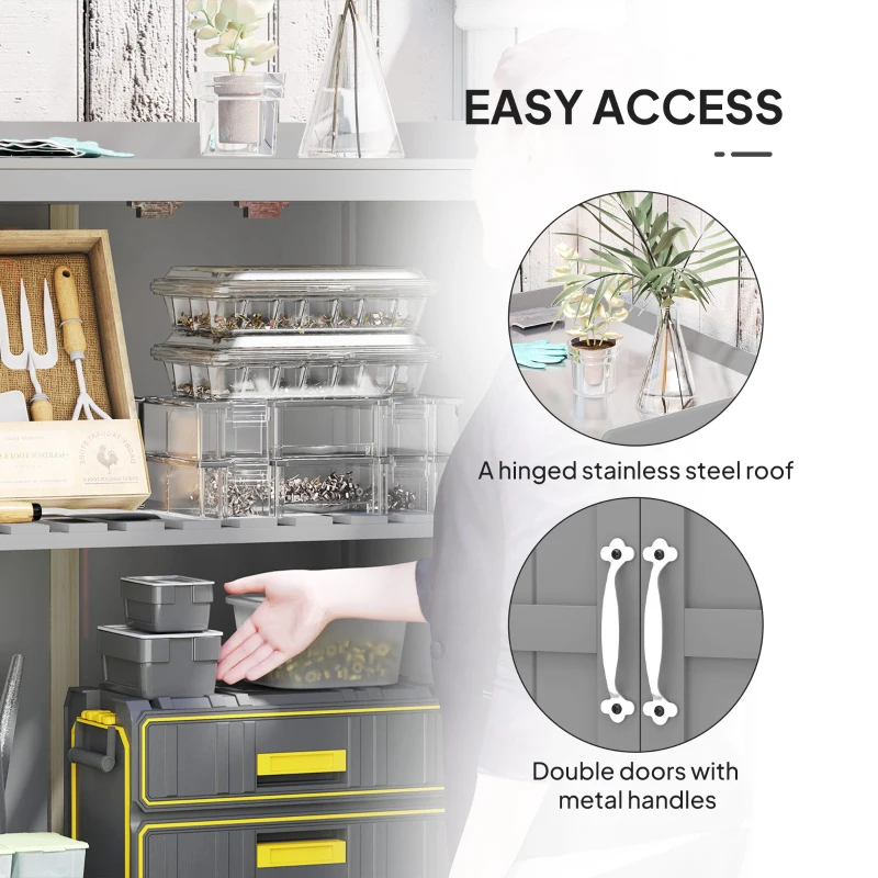 Outsunny Outdoor Storage Cabinet, Garden Tool Shed with Metal Tabletop and Shelf, Wooden Potting Bench with 2 Doors, Gray
