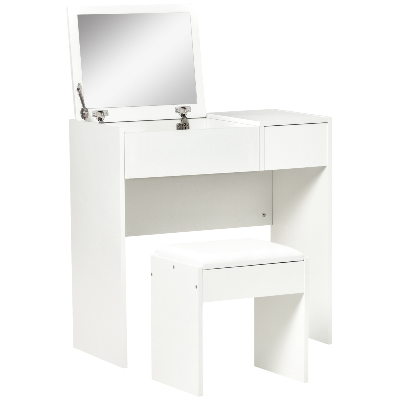 HOMCOM Modern Vanity Set with Flip Top Mirror and Cushioned Stool, Dressing Table with Storage Drawer for Bedroom, White