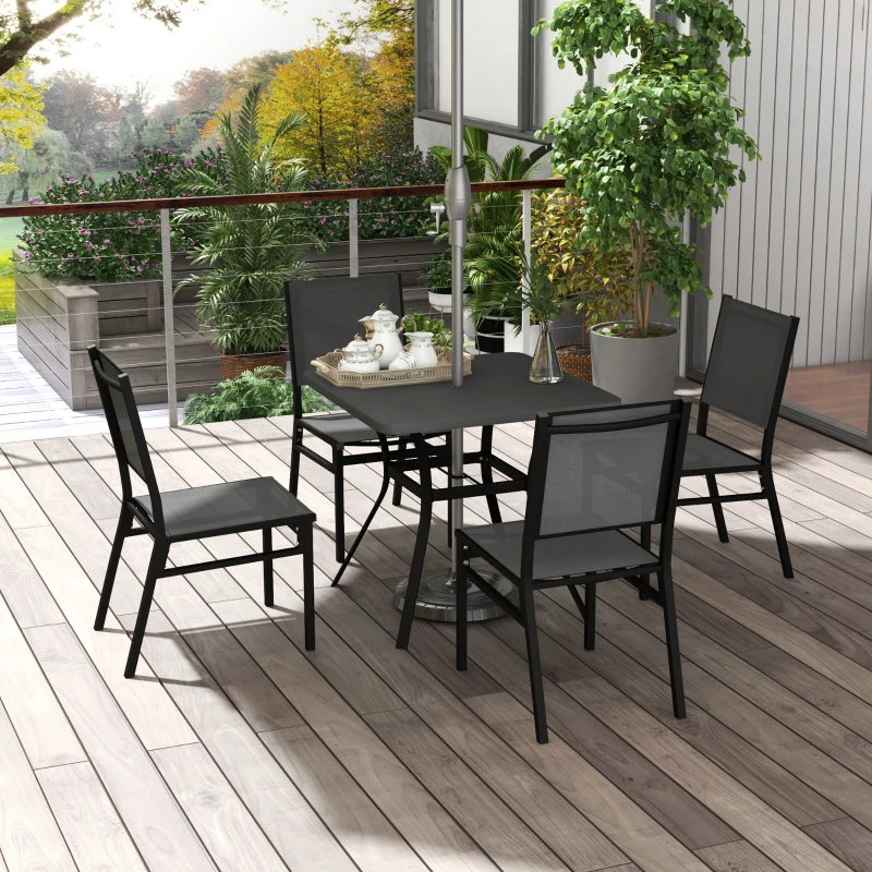 Outsunny 5 Pieces Outdoor Dining Set with Umbrella Hole, Patio Table and Chairs with Steel Top, Breathable Mesh Seat Back