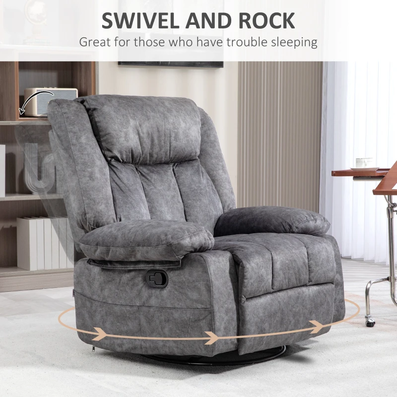 HOMCOM Rocker Recliner Chair with Swivel, Fabric Reclining Chair with Cushion, Rocking Chair with Footrest, Charcoal Gray
