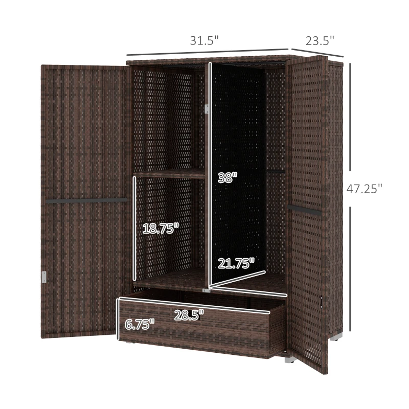 Outsunny Outdoor Storage Cabinet with Shelves, Rattan Pool Towel Storage Cabinet with Removable Shelf & Drawer, Mixed Brown